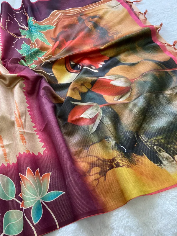 Nehal_Pink_–_Navratri_Special_|_Soft_Tussar_Silk_Saree_with_Print,_Border_&_Contrast_Print_Blouse_with_Tassels