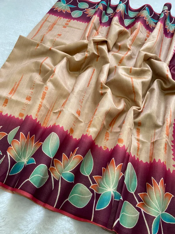 Nehal_Pink_–_Navratri_Special_|_Soft_Tussar_Silk_Saree_with_Print,_Border_&_Contrast_Print_Blouse_with_Tassels
