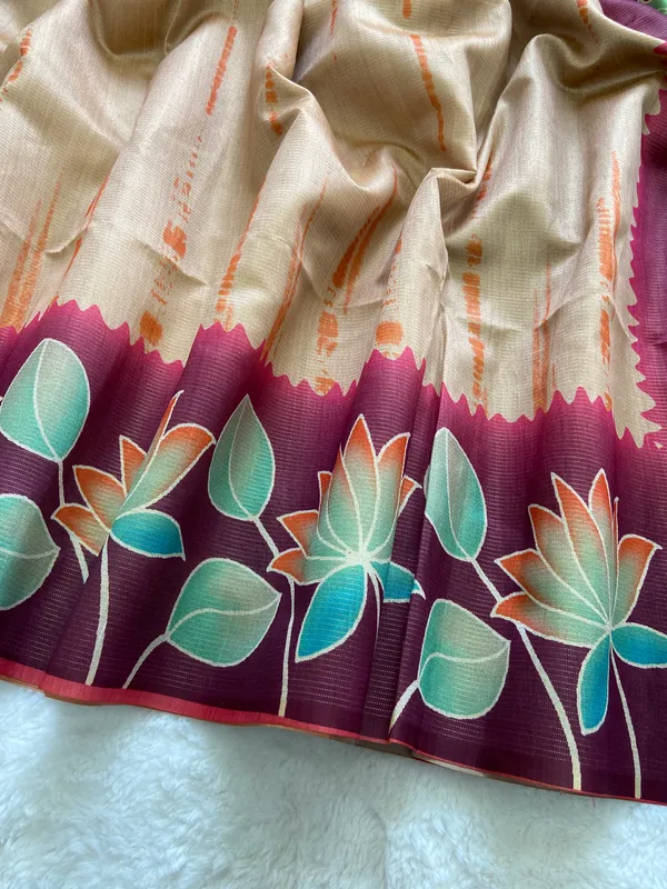 Nehal_Pink_–_Navratri_Special_|_Soft_Tussar_Silk_Saree_with_Print,_Border_&_Contrast_Print_Blouse_with_Tassels
