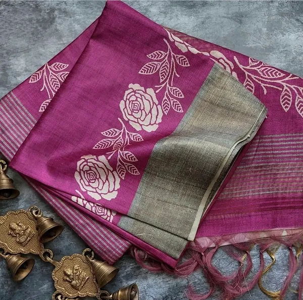 Rose_Wine_–_Rosy_Diwali_Special_|_Soft_Tussar_Silk_Saree_with_Print,_Border_&_Contrast_Print_Blouse_with_Tassels