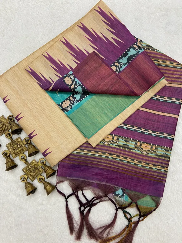 Lekha_Wine_–_Diwali_Special_|_Soft_Tussar_Silk_Saree_with_Print,_Border_&_Contrast_Print_Blouse_with_Tassels