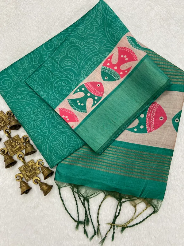 Fish_Rama_Green_–_Navratri_Special_|_Soft_Tussar_Silk_Saree_with_Print,_Border_&_Contrast_Print_Blouse_with_Tassels