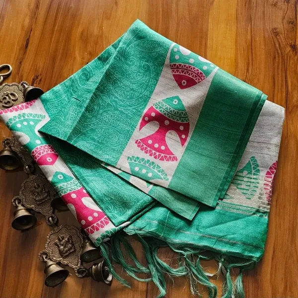 Fish_Rama_Green_–_Navratri_Special_|_Soft_Tussar_Silk_Saree_with_Print,_Border_&_Contrast_Print_Blouse_with_Tassels