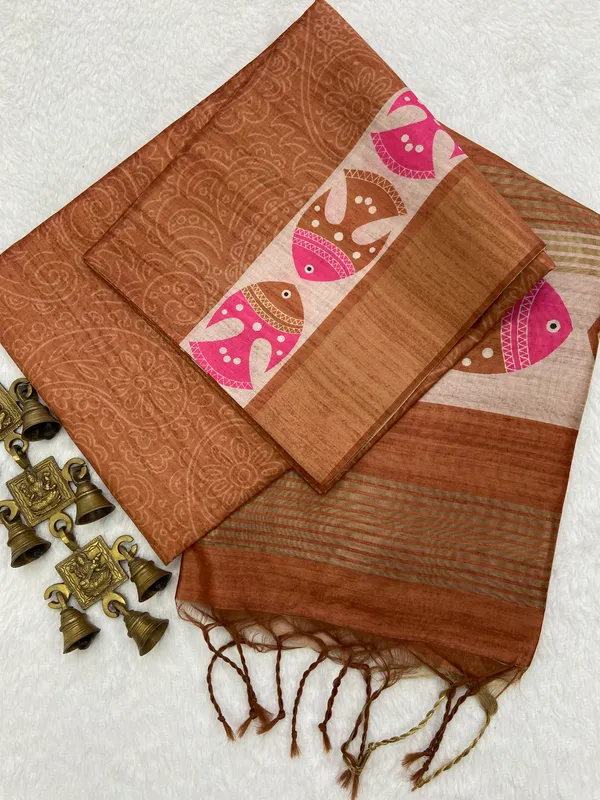 Fish_Coffee_Brown_–_Aesthetic_Edit_for_You_|_Soft_Tussar_Silk_Saree_with_Print,_Border_&_Contrast_Print_Blouse_with_Tassels
