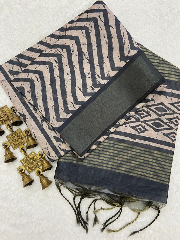 Ganga_Black_–_Sacred_Aesthetic_Edit_for_You_|_Soft_Tussar_Silk_Saree_with_Print,_Border_&_Contrast_Print_Blouse_with_Tassels