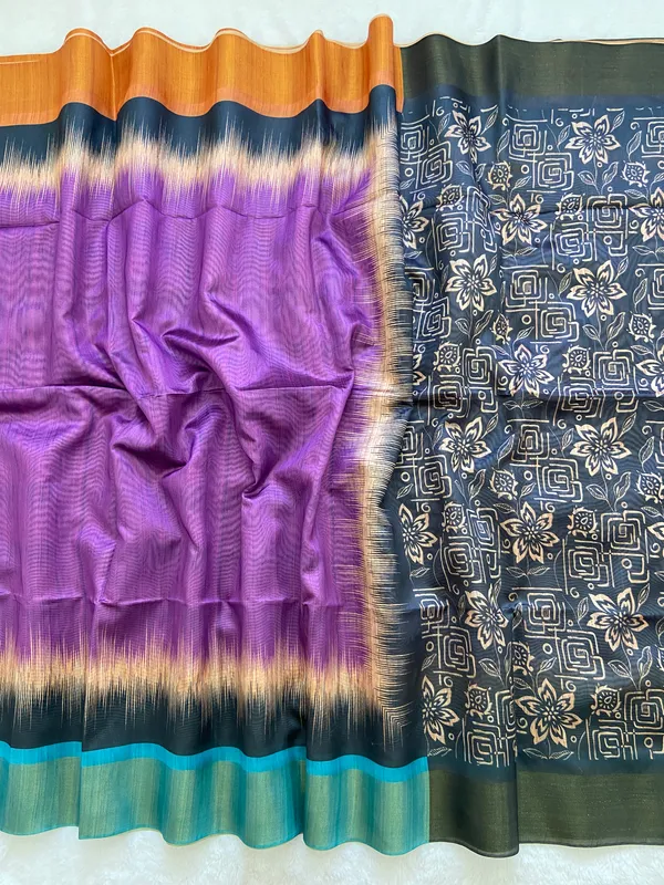 Mihika_Wine_–_Dew_Fresh_Diwali_Special_|_Soft_Tussar_Silk_Saree_with_Print,_Pallu_&_Contrast_Print_Blouse_with_Tassels