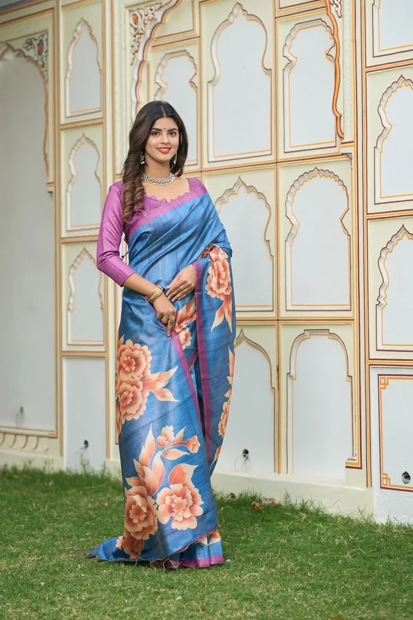 Gulab_Blue_–_Rosy_Navratri_Special_|_Soft_Tussar_Silk_Saree_with_Print,_Border_&_Contrast_Print_Blouse