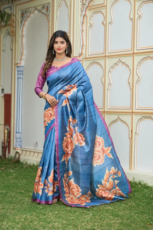 Gulab_Blue_–_Rosy_Navratri_Special_|_Soft_Tussar_Silk_Saree_with_Print,_Border_&_Contrast_Print_Blouse