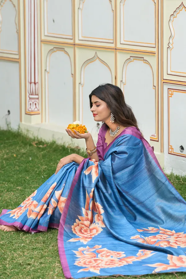 Gulab_Blue_–_Rosy_Navratri_Special_|_Soft_Tussar_Silk_Saree_with_Print,_Border_&_Contrast_Print_Blouse