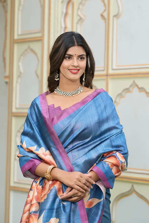 Gulab_Blue_–_Rosy_Navratri_Special_|_Soft_Tussar_Silk_Saree_with_Print,_Border_&_Contrast_Print_Blouse