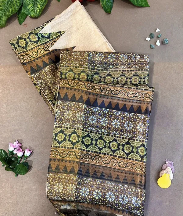 Amrita_Yellow_–_Nectar_Diwali_Special_|_Soft_Tussar_Silk_Saree_with_Print,_Pallu_&_Contrast_Print_Blouse_with_Tassels
