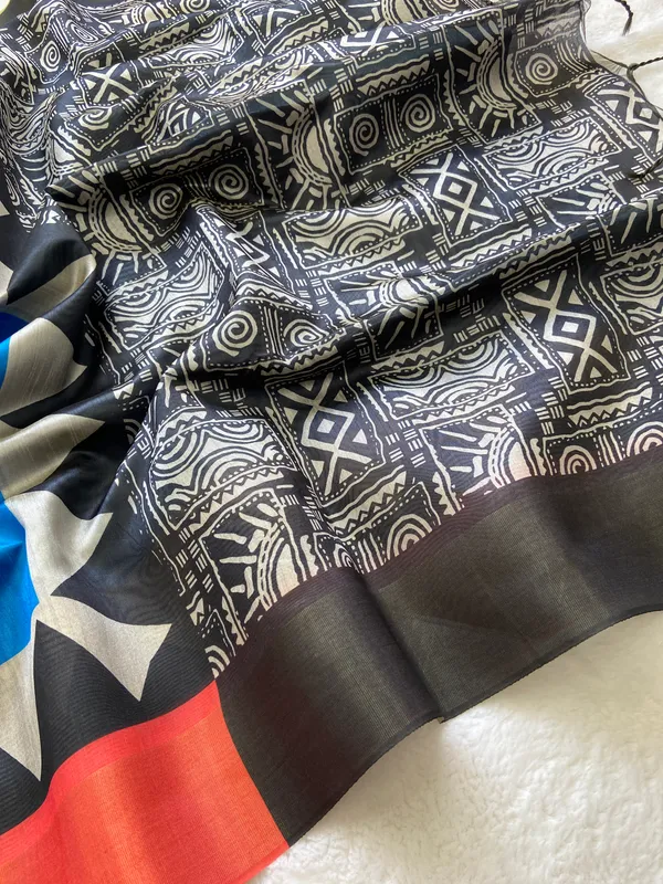 Anjali_Blue_No.4_–_Devotional_Navratri_Special_|_Soft_Tussar_Silk_Saree_with_Print,_Border_&_Contrast_Print_Blouse_with_Tassels