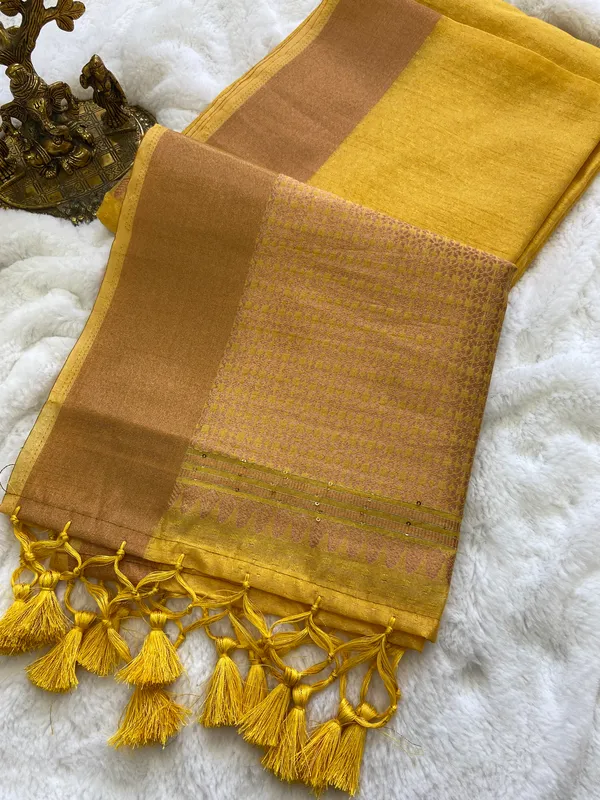 Veda_Yellow_–_Sacred_Wedding_Special_|_Soft_Banarasi_Silk_Saree_with_Pallu_Sequence_Work,_Gold_Border_&_Running_Blouse_with_Tassels