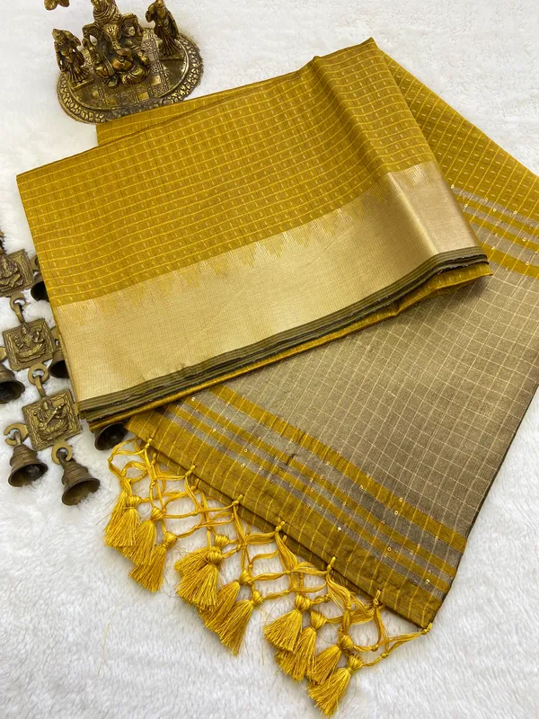 Sanavi_Yellow_–_Temple_Border_Wedding_Special_|_Maheshwari_Handloom_Zari_Checks_Silk_Saree_with_Zari_Weaving_&_Sequence_Work_Pallu,_Gold_Temple_Border