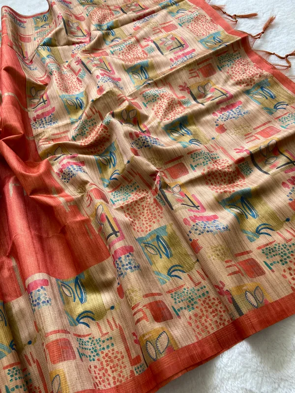 Soft_Tussar_Silk_sarees_with_Beautiful_Print_With_Attractive_Pallu_And_Contrast_Print_Blouse_With_Tassels
