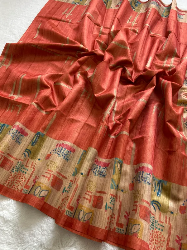 Soft_Tussar_Silk_sarees_with_Beautiful_Print_With_Attractive_Pallu_And_Contrast_Print_Blouse_With_Tassels