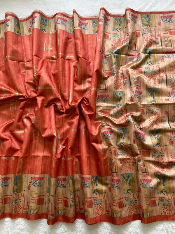 Soft_Tussar_Silk_sarees_with_Beautiful_Print_With_Attractive_Pallu_And_Contrast_Print_Blouse_With_Tassels
