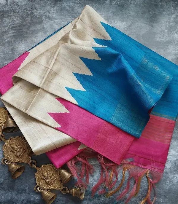 Soft_Tussar_Silk_sarees_(Blue)_with_Beautiful_Print_With_Attractive_Border_And_Contrast_Print_Blouse_With_Tassels_in_new_styles