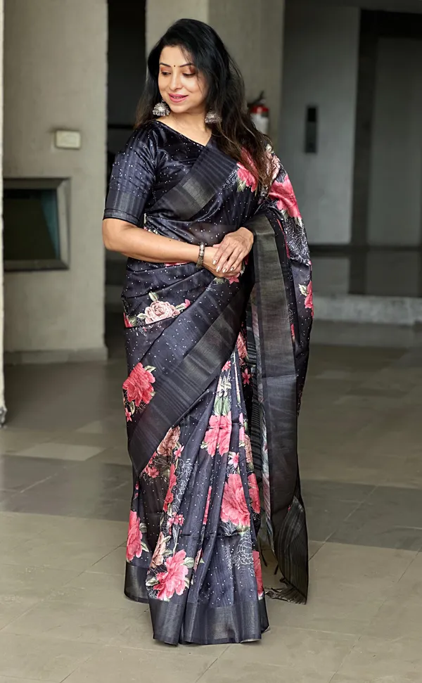 Tanisha_Black_–_Aesthetic_Edit_for_You_|_Soft_Tussar_Silk_Saree_with_Print,_Pallu_&_Zari_Border_&_Contrast_Print_Blouse_with_Tassels