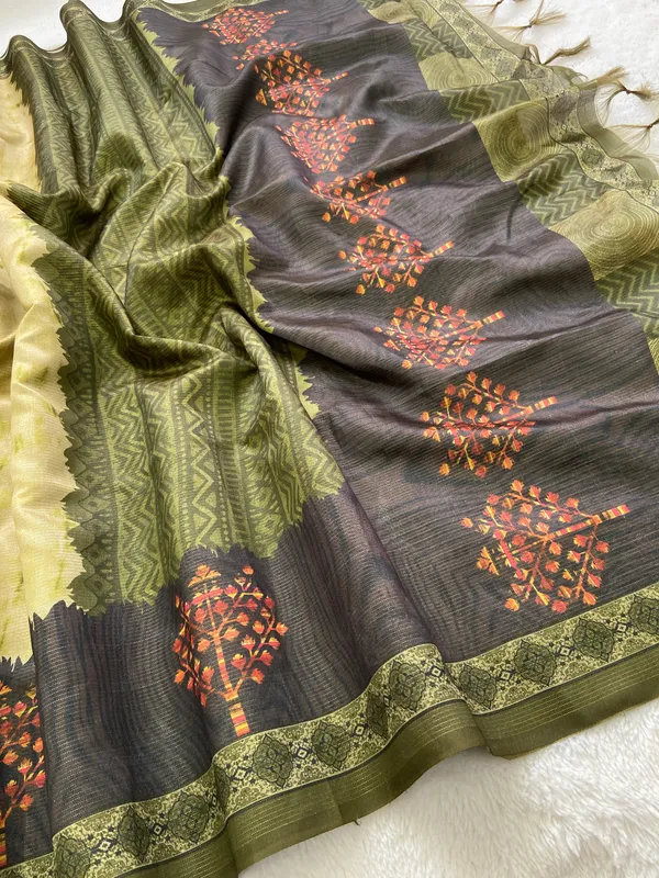 Tejal_Green_–_Radiant_Navratri_Special_|_Soft_Tussar_Silk_Saree_with_Print,_Pallu_&_Contrast_Print_Blouse_with_Tassels