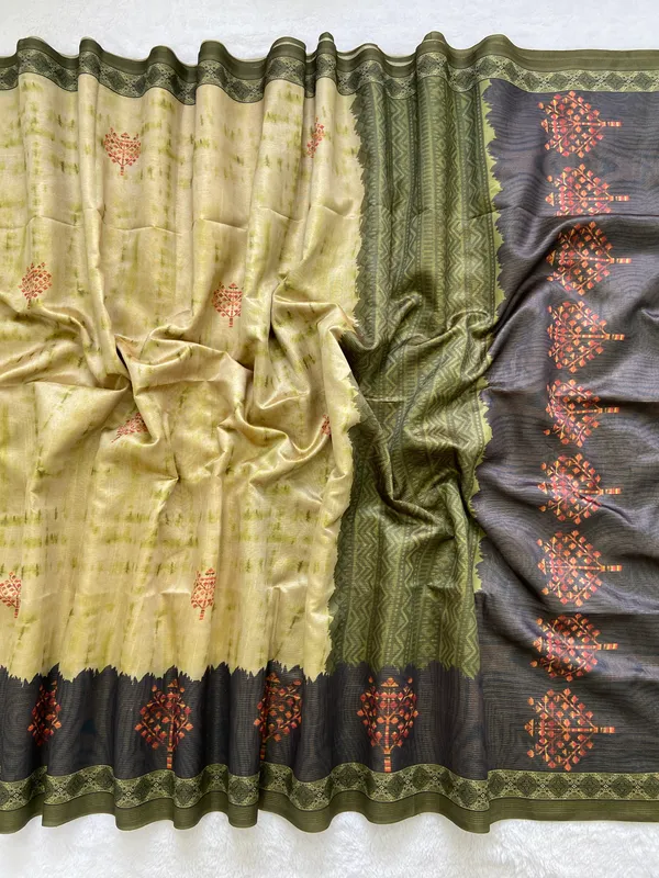 Tejal_Green_–_Radiant_Navratri_Special_|_Soft_Tussar_Silk_Saree_with_Print,_Pallu_&_Contrast_Print_Blouse_with_Tassels