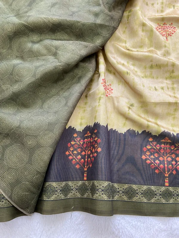 Tejal_Green_–_Radiant_Navratri_Special_|_Soft_Tussar_Silk_Saree_with_Print,_Pallu_&_Contrast_Print_Blouse_with_Tassels