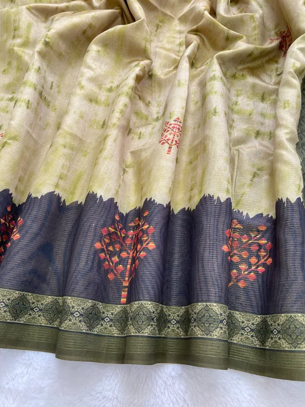 Tejal_Green_–_Radiant_Navratri_Special_|_Soft_Tussar_Silk_Saree_with_Print,_Pallu_&_Contrast_Print_Blouse_with_Tassels