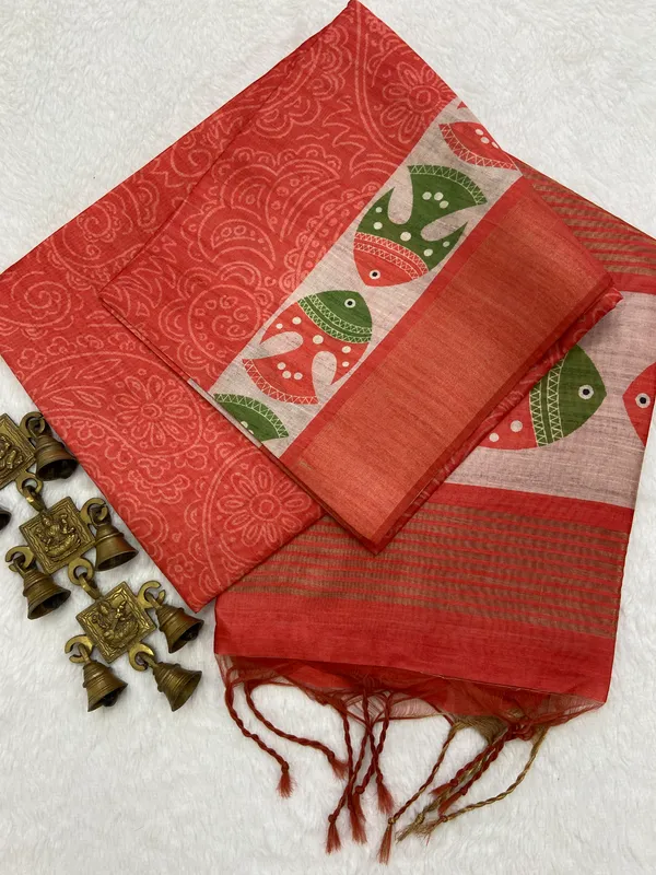 Fish_Orange_–_Diwali_Special_|_Soft_Tussar_Silk_Saree_with_Print,_Border_&_Contrast_Print_Blouse_with_Tassels
