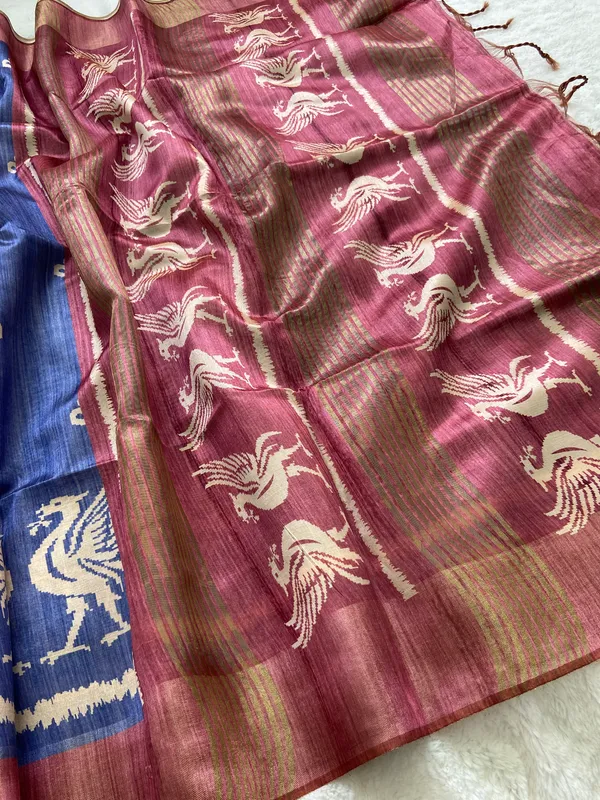 Saloni_Pink_–_Navratri_Special_|_Soft_Tussar_Silk_Saree_with_Print,_Pallu_&_Contrast_Print_Blouse_with_Tassels