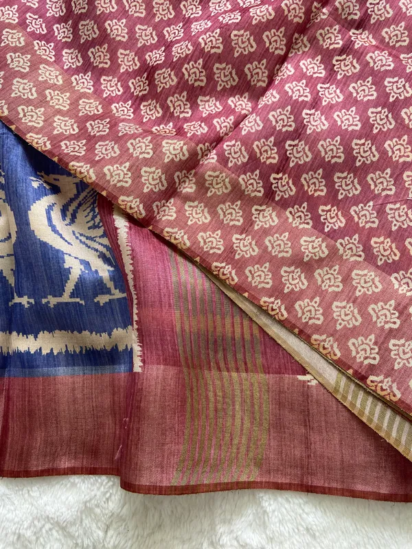 Saloni_Pink_–_Navratri_Special_|_Soft_Tussar_Silk_Saree_with_Print,_Pallu_&_Contrast_Print_Blouse_with_Tassels