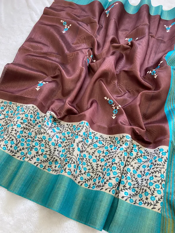 Jivika_Sky_Blue_&_Coffee_Brown_–_Festive_Season_Special_|_Soft_Tussar_Silk_Saree_with_Print,_Border_&_Contrast_Print_Blouse_with_Tassels