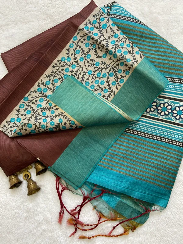 Jivika_Sky_Blue_&_Coffee_Brown_–_Festive_Season_Special_|_Soft_Tussar_Silk_Saree_with_Print,_Border_&_Contrast_Print_Blouse_with_Tassels