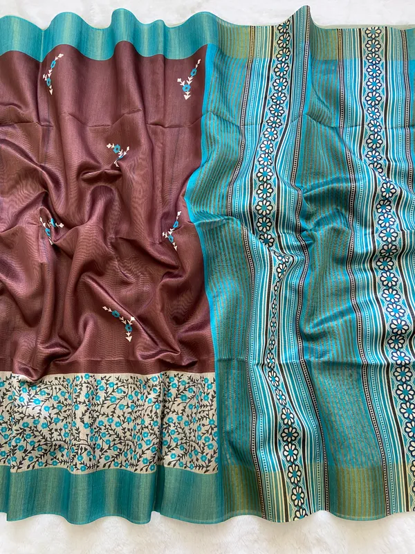 Jivika_Sky_Blue_&_Coffee_Brown_–_Festive_Season_Special_|_Soft_Tussar_Silk_Saree_with_Print,_Border_&_Contrast_Print_Blouse_with_Tassels