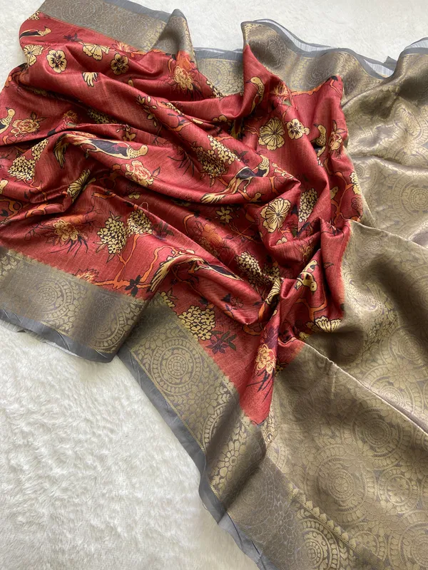 Suhana_Red_–_Pleasant_Diwali_Special_|_Soft_Tussar_Silk_Weaving_Saree_with_Print,_Weaving_Border_&_Rich_Zari_Weaving_Pallu_&_Contrast_Print_Blouse