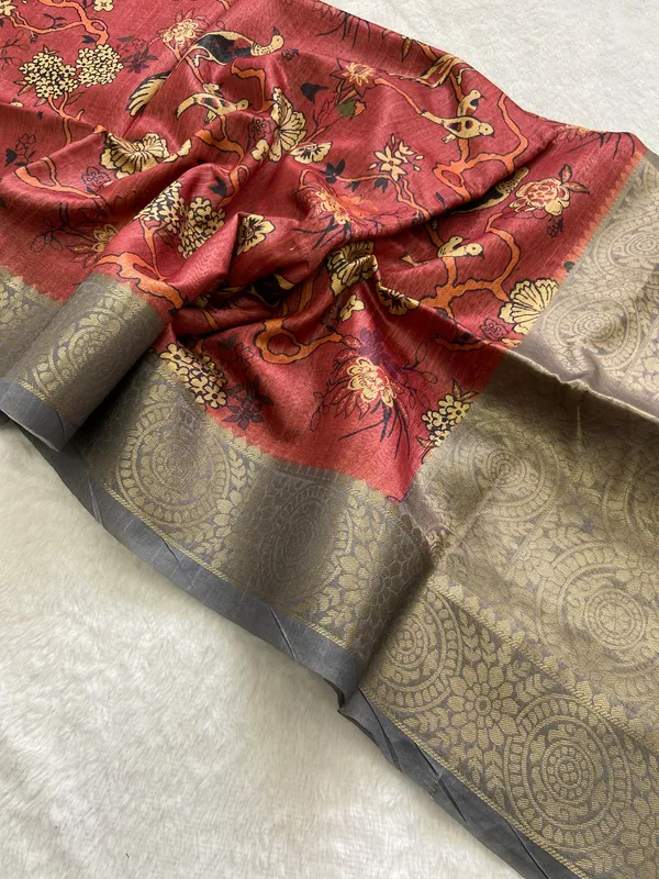 Suhana_Red_–_Pleasant_Diwali_Special_|_Soft_Tussar_Silk_Weaving_Saree_with_Print,_Weaving_Border_&_Rich_Zari_Weaving_Pallu_&_Contrast_Print_Blouse