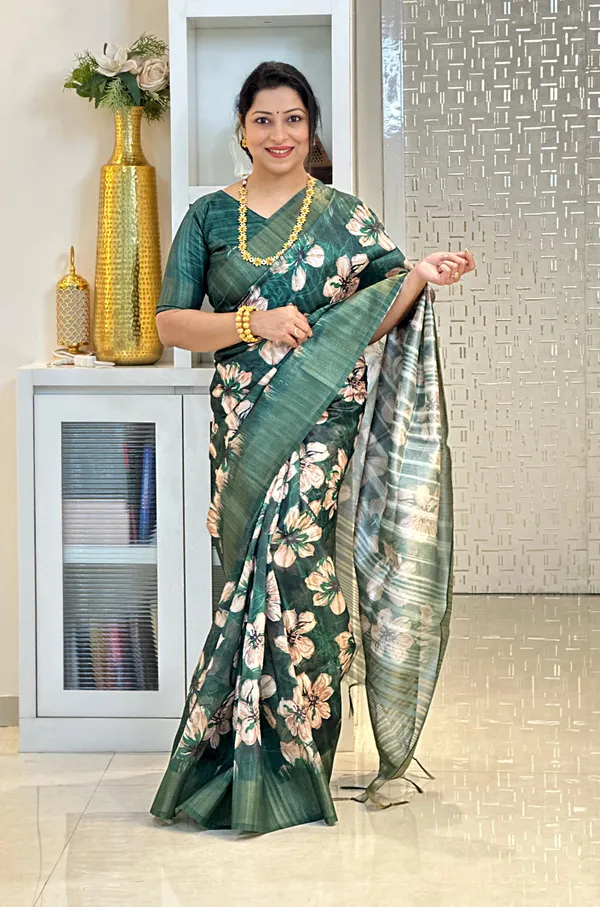 Gargi_Green_–_Wise_Navratri_Special_|_Soft_Tussar_Silk_Saree_with_Print,_Pallu_&_Zari_Border_&_Contrast_Print_Blouse_with_Tassels