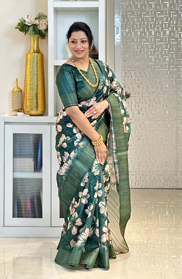 Gargi_Green_–_Wise_Navratri_Special_|_Soft_Tussar_Silk_Saree_with_Print,_Pallu_&_Zari_Border_&_Contrast_Print_Blouse_with_Tassels