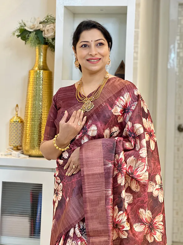 Gargi_Maroon_–_Wise_Diwali_Special_|_Soft_Tussar_Silk_Saree_with_Print,_Pallu_&_Zari_Border_&_Contrast_Print_Blouse_with_Tassels