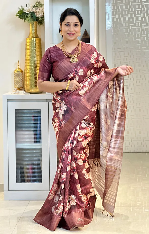 Gargi_Maroon_–_Wise_Diwali_Special_|_Soft_Tussar_Silk_Saree_with_Print,_Pallu_&_Zari_Border_&_Contrast_Print_Blouse_with_Tassels