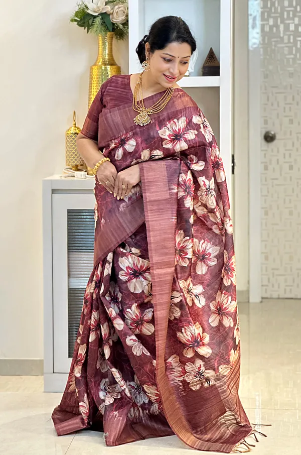 Gargi_Maroon_–_Wise_Diwali_Special_|_Soft_Tussar_Silk_Saree_with_Print,_Pallu_&_Zari_Border_&_Contrast_Print_Blouse_with_Tassels