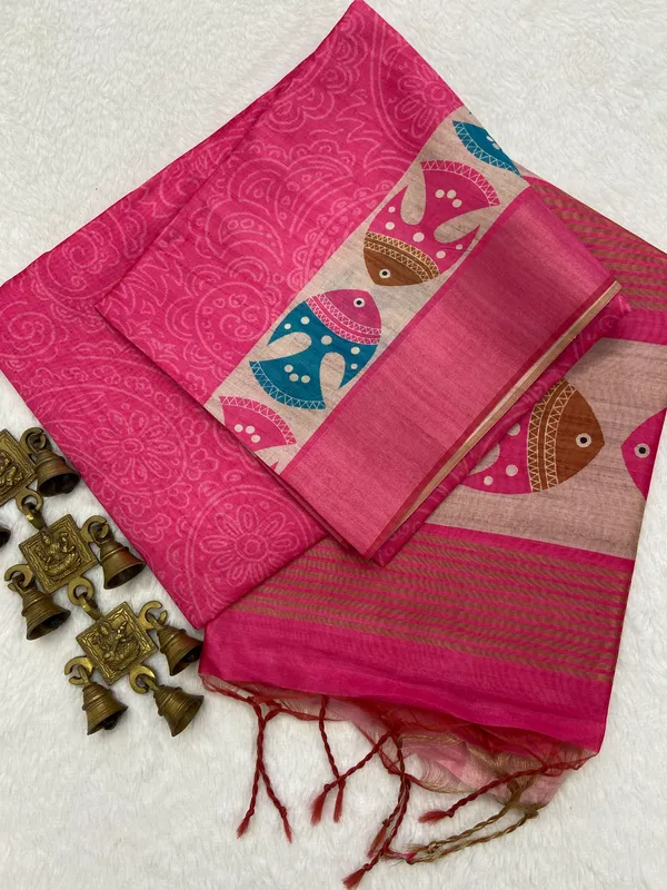 Fish_Pink_–_Navratri_Special_|_Soft_Tussar_Silk_Saree_with_Print,_Border_&_Contrast_Print_Blouse_with_Tassels