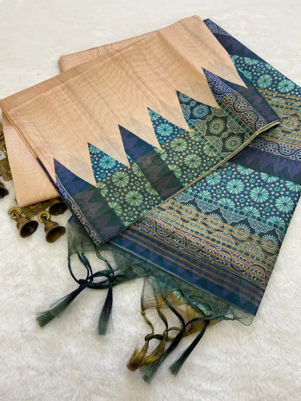 Soft Tussar Silk Printed Saree with Contrast Blouse, Tassels, and Designer Pallu