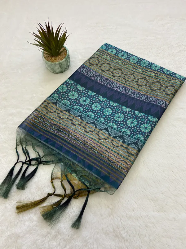 Amrita_Blue_–_Nectar_Navratri_Special_|_Soft_Tussar_Silk_Saree_with_Print,_Pallu_&_Contrast_Print_Blouse_with_Tassels
