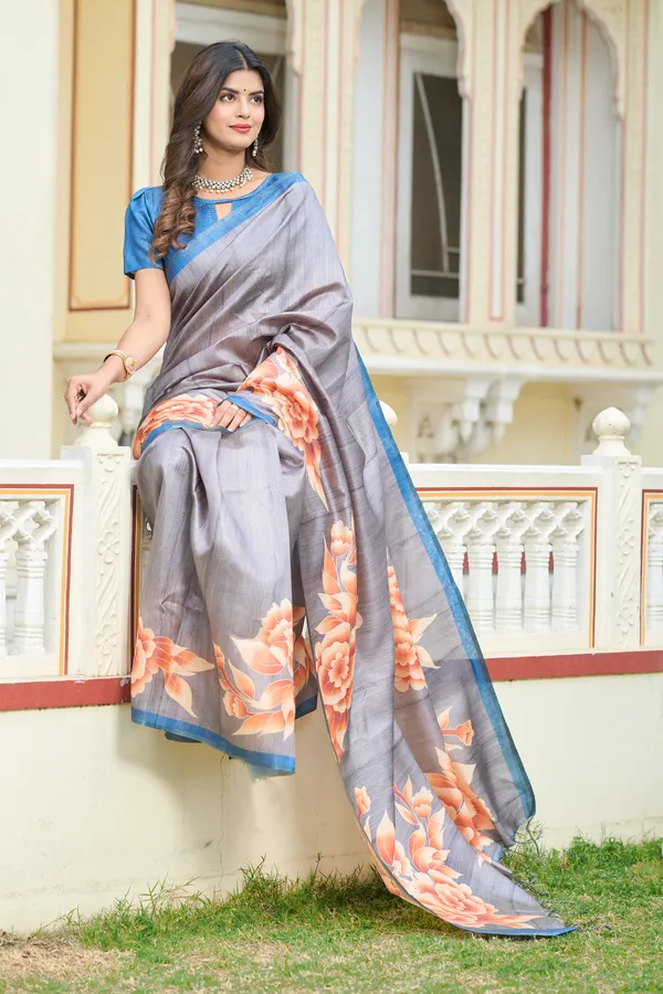 Gulab_Grey_–_Rosy_Aesthetic_Edit_for_You_|_Soft_Tussar_Silk_Saree_with_Print,_Border_&_Contrast_Print_Blouse