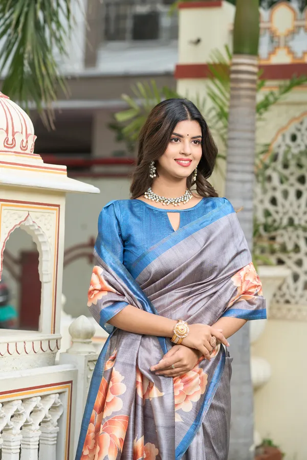 Gulab_Grey_–_Rosy_Aesthetic_Edit_for_You_|_Soft_Tussar_Silk_Saree_with_Print,_Border_&_Contrast_Print_Blouse