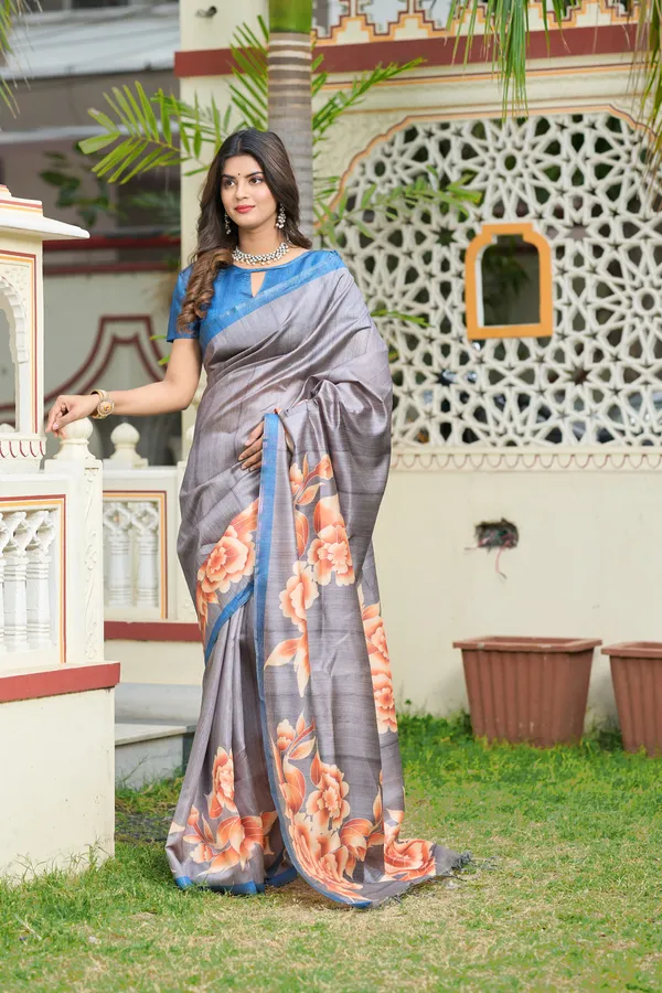 Gulab_Grey_–_Rosy_Aesthetic_Edit_for_You_|_Soft_Tussar_Silk_Saree_with_Print,_Border_&_Contrast_Print_Blouse