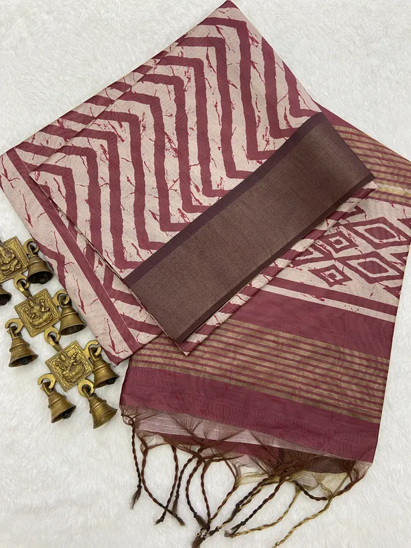 Ganga_Wine_–_Sacred_Diwali_Special_|_Soft_Tussar_Silk_Saree_with_Print,_Border_&_Contrast_Print_Blouse_with_Tassels