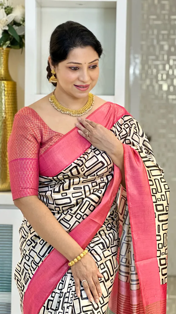 Sapchidi_Pink_&_Sky_Blue_–_Festive_Season_Special_|_Soft_Tussar_Silk_Saree_with_Print,_Border_&_Contrast_Print_Blouse_with_Tassels