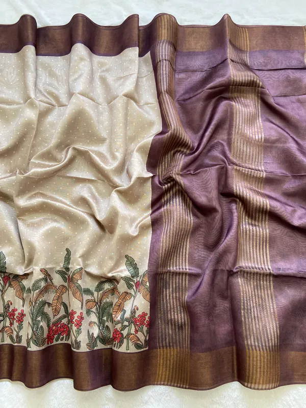 Soft_Tussar_Silk_sarees_with_Beautiful_Print_With_Attractive_Border_And_Contrast_Print_Blouse_With_Tassels