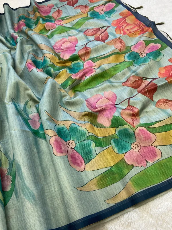 Madhuri_Blue_&_Sky_Blue_–_Sweet_Festive_Season_Special_|_Soft_Tussar_Silk_Saree_with_Print,_Pallu_&_Contrast_Print_Blouse_with_Tassels